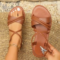 New 2026 Women's Flat Bottom Roman Cross Woven Sandals Comfortable Rubber Sole Breathable PU Upper Slingbacks Shoes