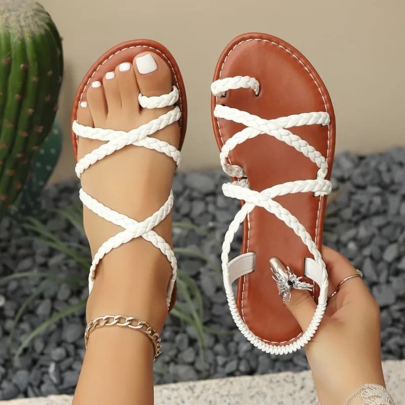 New 2026 Women's Flat Bottom Roman Cross Woven Sandals Comfortable Rubber Sole Breathable PU Upper Slingbacks Shoes