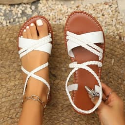 New 2026 Women's Flat Bottom Roman Cross Woven Sandals Comfortable Rubber Sole Breathable PU Upper Slingbacks Shoes