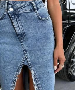 High-waisted Denim Skirt with Side Slit and Raw-edge Hem