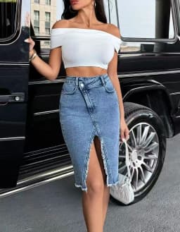 High-waisted Denim Skirt with Side Slit and Raw-edge Hem
