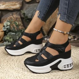 Women's Summer New Hollow Out Thick Heel Sandals Breathable Slip-On Shoes Large Size Platform Magic Tape Casual Loafers