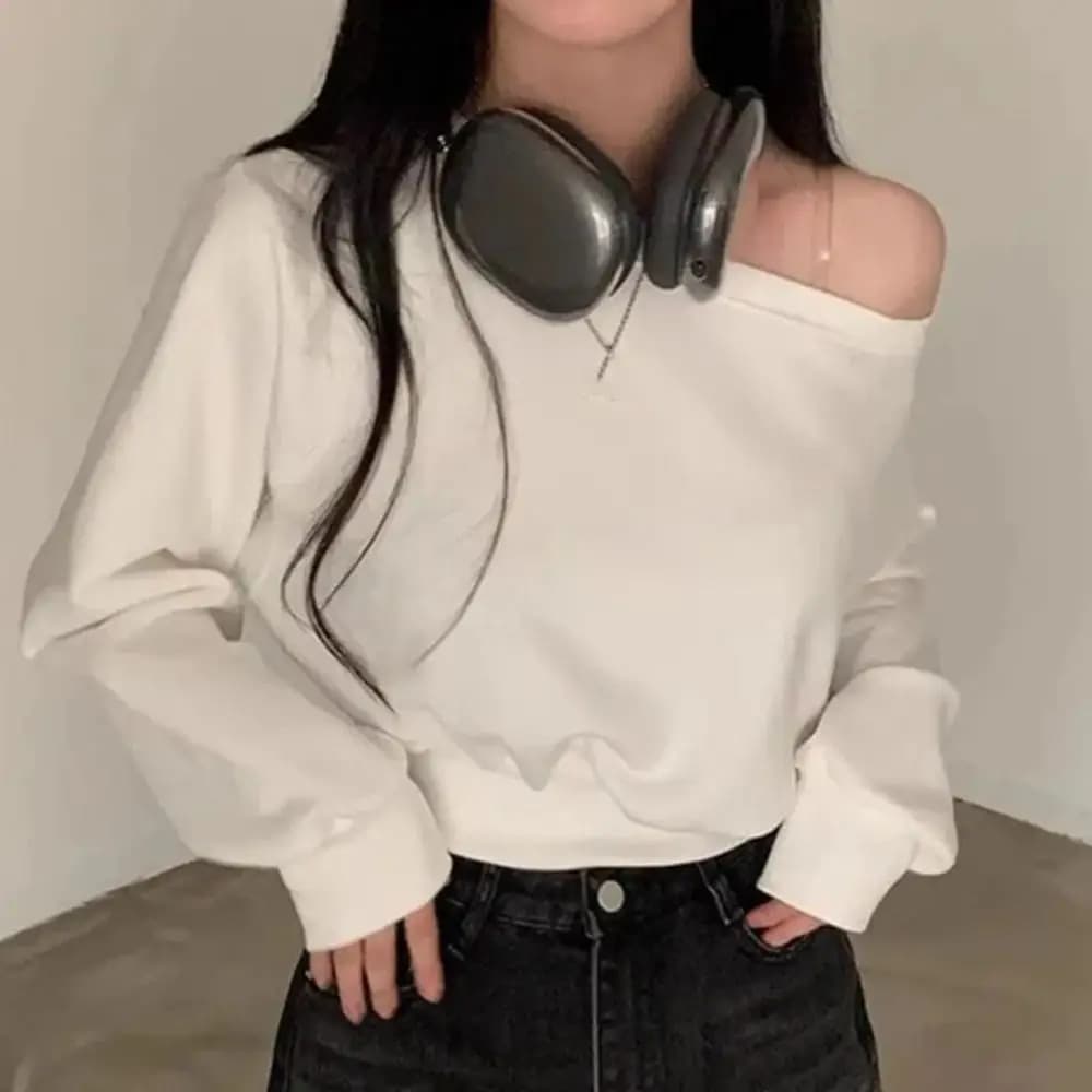 Korean Style Retro Long Sleeve T Shirt Solid Color Casual Off Shoulder Blouse Stylish Loose Autumn Hoodie Crop Top Female