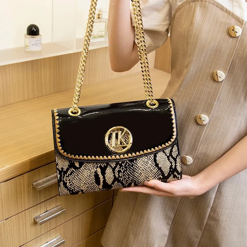LK Manufacturer Direct Sale Fashion Versatile High-End Snake Print Glossy Leather Single Shoulder Crossbody Chain Bag