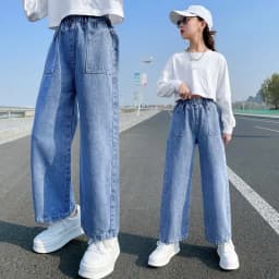 2026 Spring Kid's Jeans 3-9Y Cute Girls Solid Color Loose Wide Leg Pants Childrens Outwear Denim Trousers
