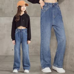 2026 Spring Kid's Jeans 3-9Y Cute Girls Solid Color Loose Wide Leg Pants Childrens Outwear Denim Trousers