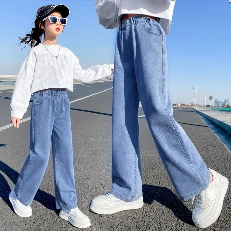 2026 Spring Kid's Jeans 3-9Y Cute Girls Solid Color Loose Wide Leg Pants Childrens Outwear Denim Trousers