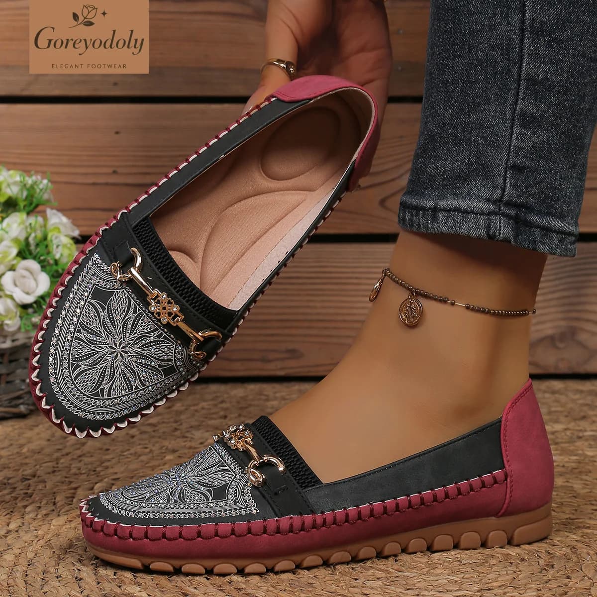 goreyodoly Women Slip On Loafers Wide Fit Comfortable Flats Lightweight Breathable Colorblock Shoes with Rhinestone Chain Detail