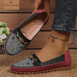 goreyodoly Women Slip On Loafers Wide Fit Comfortable Flats Lightweight Breathable Colorblock Shoes with Rhinestone Chain Detail