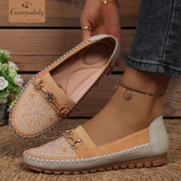 goreyodoly Women Slip On Loafers Wide Fit Comfortable Flats Lightweight Breathable Colorblock Shoes with Rhinestone Chain Detail