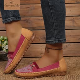 goreyodoly Women Slip On Loafers Wide Fit Comfortable Flats Lightweight Breathable Colorblock Shoes with Rhinestone Chain Detail