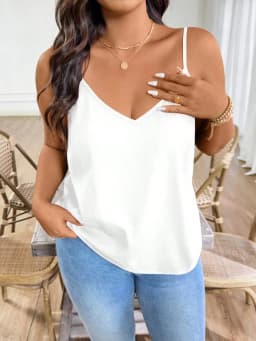 Plus Size Women's Solid Cami Top V Neck Spaghetti Strap Curved Hem Casual Loose Fit Tank Top