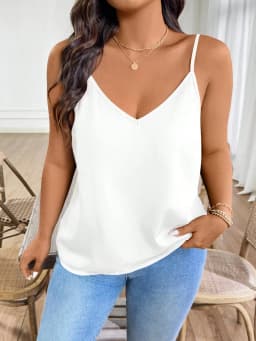 Plus Size Women's Solid Cami Top V Neck Spaghetti Strap Curved Hem Casual Loose Fit Tank Top