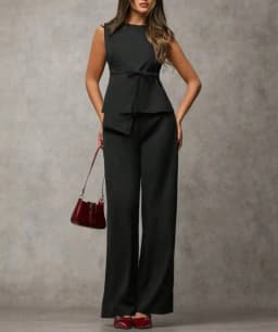 Women's Black Two Piece Set Sleeveless Round Neck Tie Asymmetric Hem Top Wide Leg Pants Set Spring Summer Office Elegant Outfit