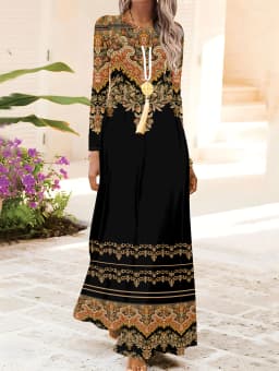 Floral Embroidered Long Sleeve Dress for Spring and Fall Women Elegant Holiday Party Dress Round Neck A-Line Midi Dress