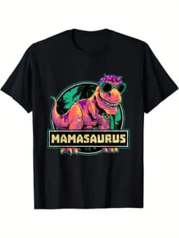 Funny MamaSaurus T-Rex Dinosaur Mom T-Shirt Retro Vintage Tee Soft Crew Neck Short Sleeve Shirt - Mother's Day Gifts for Women