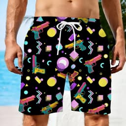 Men Summer Short Vintage 80s Music Art Hawaiian 3D Printed Shorts Men's Music Graphic Short Pants Breathable Swim Loose Shorts