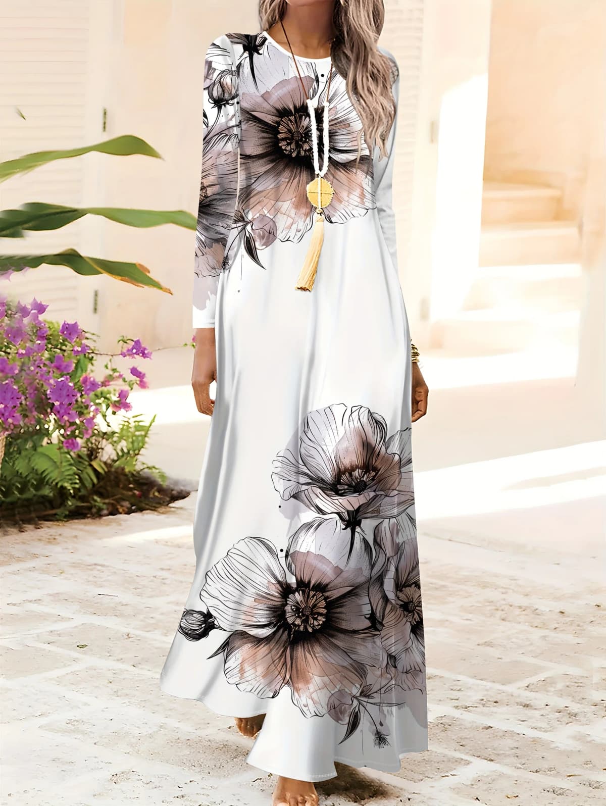 Elegant Floral Print Long Sleeve Dress for Women Spring Autumn Vacation Style Round Neck Midi Dress Casual Chic Summer Dress
