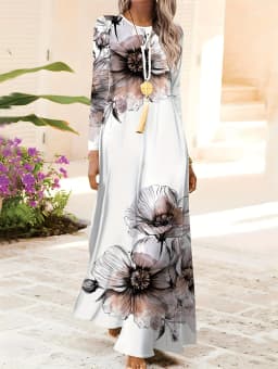Elegant Floral Print Long Sleeve Dress for Women Spring Autumn Vacation Style Round Neck Midi Dress Casual Chic Summer Dress