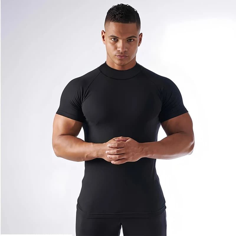 Turtleneck  Short Sleeve T-shirts Mens Summer Compression Shirts Elastic Quick Dry Sports Tees Tops Fitness Gym T Shirt