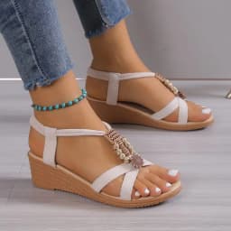 Women's Beaded Decor Wedge Sandals Open Toe Elastic Ankle Strap Comfortable Walking Shoes for Summer Beach Vacation Daily Wear