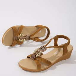 Women's Beaded Decor Wedge Sandals Open Toe Elastic Ankle Strap Comfortable Walking Shoes for Summer Beach Vacation Daily Wear