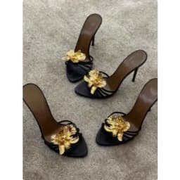 Women Black Gold Genuine Leather Gold Metal Flower Open Toe Shallow Slip on Stiletto Heel Slide Slippers Sandals