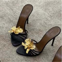 Women Black Gold Genuine Leather Gold Metal Flower Open Toe Shallow Slip on Stiletto Heel Slide Slippers Sandals