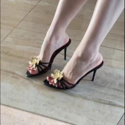 Women Black Gold Genuine Leather Gold Metal Flower Open Toe Shallow Slip on Stiletto Heel Slide Slippers Sandals