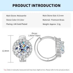 Rrjzz Certified 6.5MM 1CT VVS1 Moissanite Hoop Earrings for Women D-Color Round Lab-created Diamond Anniversary Jewelry Gifts