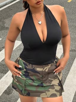 Plus Size Women's Halter Neck Crop Top Deep V Neck Backless Tie Back Sexy Cami Top
