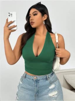 Plus Size Women's Halter Neck Crop Top Deep V Neck Backless Tie Back Sexy Cami Top