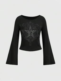 Y2K Grunge Emo Pattern Top Suitable for Autumn E-Girls Millennium Style Women's Aesthetic Gothic Printed Loose Long Sleeve T-shi