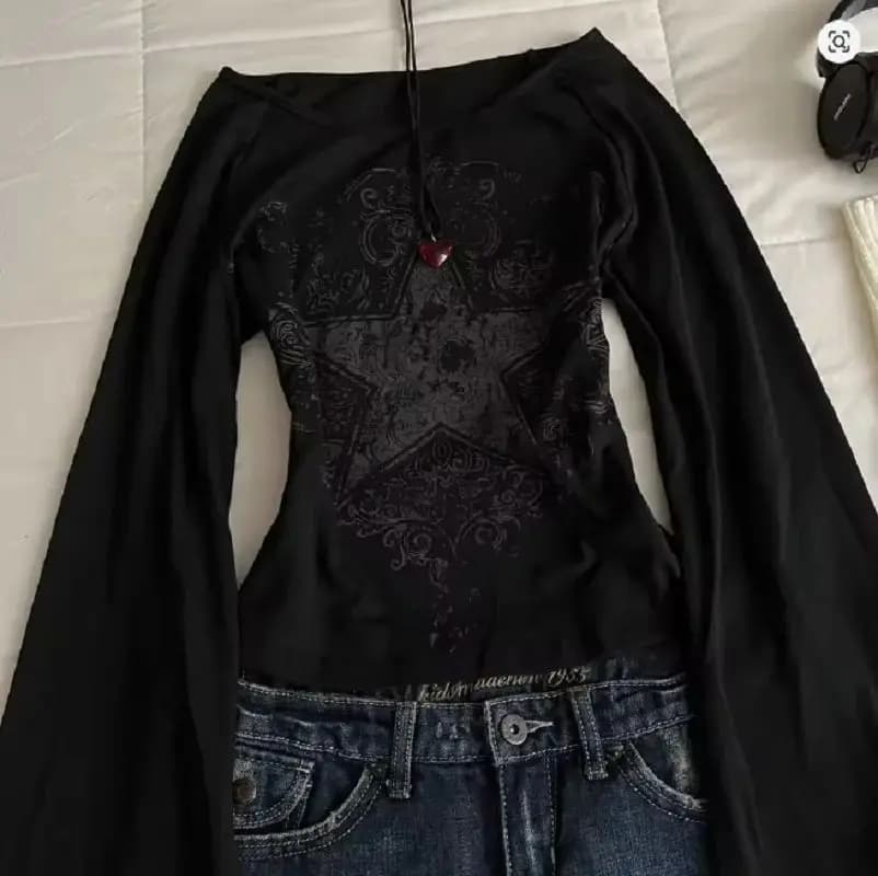 Y2K Grunge Emo Pattern Top Suitable for Autumn E-Girls Millennium Style Women's Aesthetic Gothic Printed Loose Long Sleeve T-shi