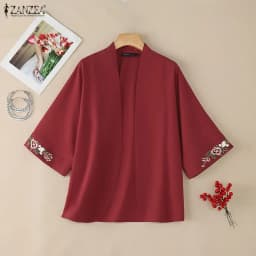 2026 Summer Cardigan ZANZEA Women Vintage Holiday Kimonos 3/4 Sleeve Embroidered Blouse Female Work Shirt Casual Tops Thin Coats