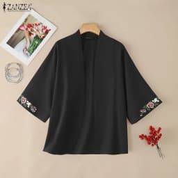 2026 Summer Cardigan ZANZEA Women Vintage Holiday Kimonos 3/4 Sleeve Embroidered Blouse Female Work Shirt Casual Tops Thin Coats