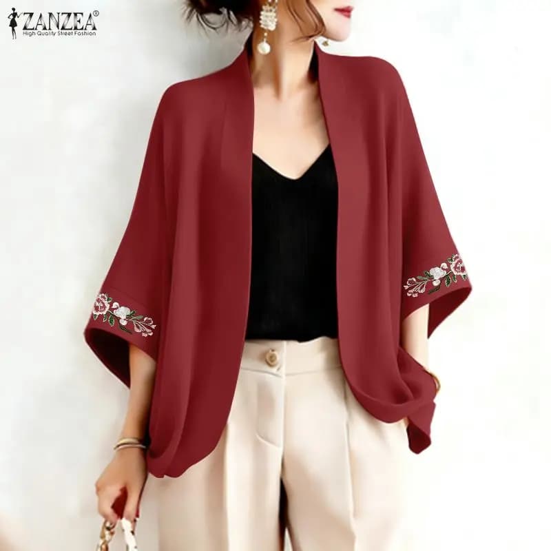 2026 Summer Cardigan ZANZEA Women Vintage Holiday Kimonos 3/4 Sleeve Embroidered Blouse Female Work Shirt Casual Tops Thin Coats
