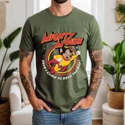 2026 Summer Mens Mighty Mouse Graphic Oversize Tee 100% Cotton Classic Cartoon Short Sleeve