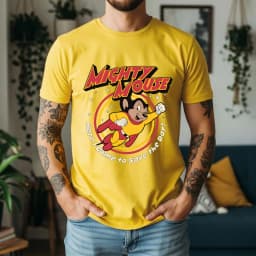 2026 Summer Mens Mighty Mouse Graphic Oversize Tee 100% Cotton Classic Cartoon Short Sleeve