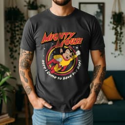 2026 Summer Mens Mighty Mouse Graphic Oversize Tee 100% Cotton Classic Cartoon Short Sleeve