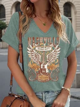 Women's Music Festival Letter Print T-Shirt, Vintage V-Neck Short Sleeve, Spring Summer