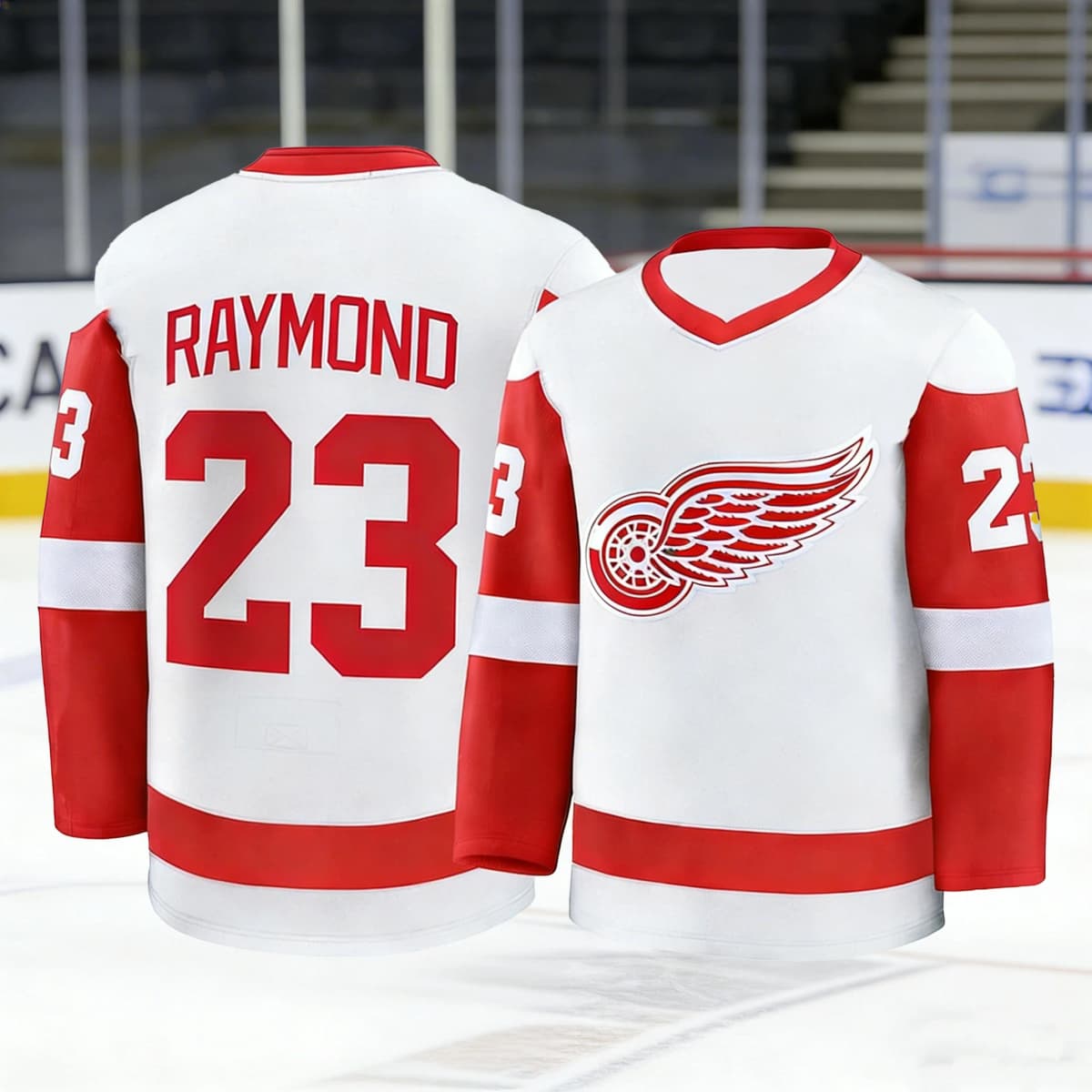 2026 Hockey Jersey Red/White Iconic Winged Wheel #23 Logo Striped Design Long-Sleeve Apparel for Fans & Collectors 3d HD Print