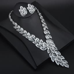 Alloy Feather Gemstone Necklace Earrings Ring Bracelet Set of Four. High-quality waterproof jewelry
