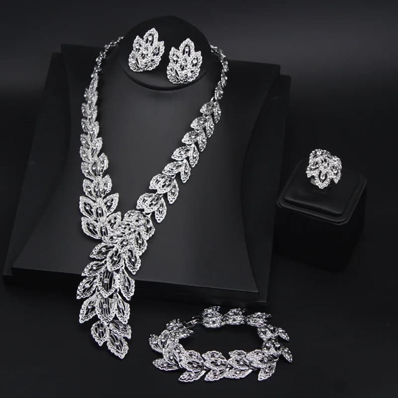 Alloy Feather Gemstone Necklace Earrings Ring Bracelet Set of Four. High-quality waterproof jewelry