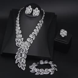 Alloy Feather Gemstone Necklace Earrings Ring Bracelet Set of Four. High-quality waterproof jewelry