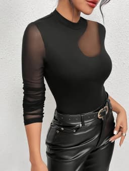 Dark Side Curve Black Mesh Spliced Half Turtleneck Slim-Fit Long Sleeve Hot Girl Bodysuit Top