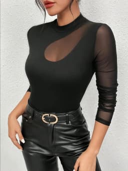 Dark Side Curve Black Mesh Spliced Half Turtleneck Slim-Fit Long Sleeve Hot Girl Bodysuit Top
