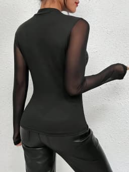 Dark Side Curve Black Mesh Spliced Half Turtleneck Slim-Fit Long Sleeve Hot Girl Bodysuit Top