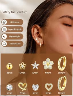 14K Gold Plated CZ Huggie Hoops Hypoallergenic Earrings for Women Girls Daughter Dainty Flower Heart Stud Earrings Jewelry Gift