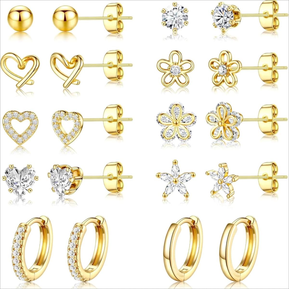 14K Gold Plated CZ Huggie Hoops Hypoallergenic Earrings for Women Girls Daughter Dainty Flower Heart Stud Earrings Jewelry Gift